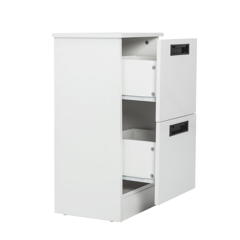 Meerveil Freestanding Bathroom Cabinet, White Color, 2 Drawers and Black Pulls