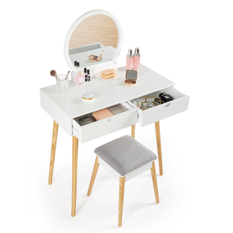 Meerveil Dressing Table, White Color, with Round Mirror and Stool