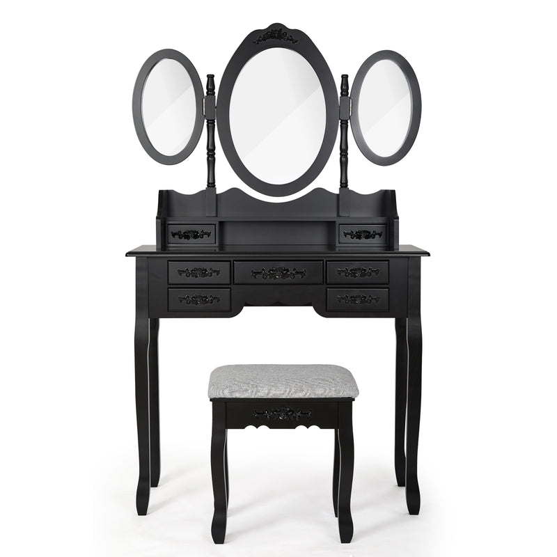 Meerveil Modern Dressing Table, White Color, with 3 Rotating Mirrors and Stool