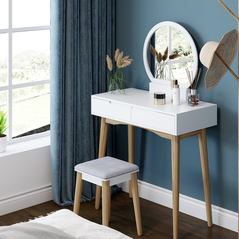 Meerveil Dressing Table, White Color, with Round Mirror and Stool