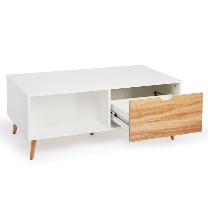 Meerveil Modern Style Coffee Table, White Color, with 2 Drawers, Solid Wood Legs