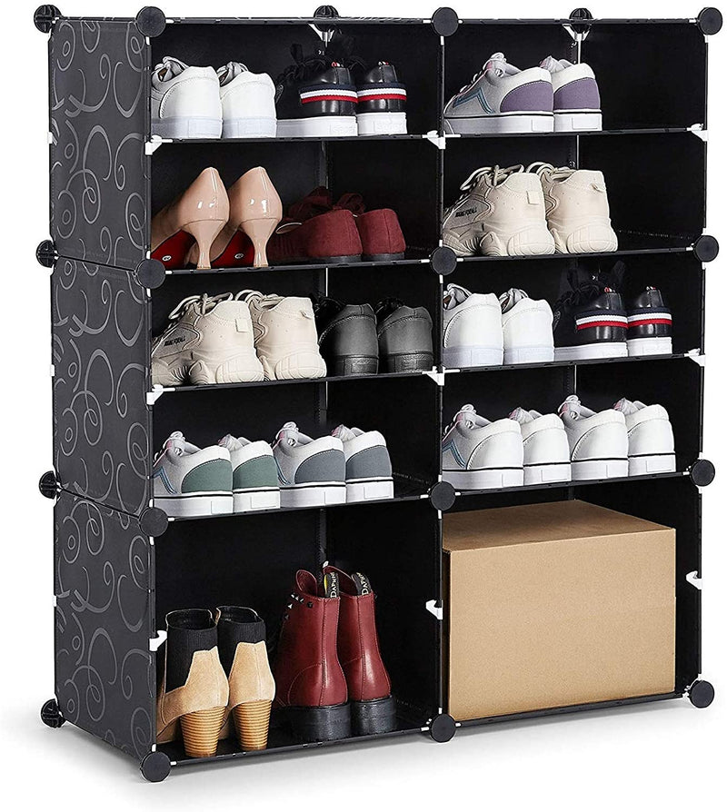 Meerveil DIY Multi-functional PP Shoe Rack, 12 Cubes, Black / Milky Color