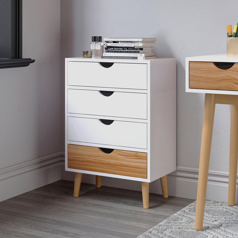 Meerveil Modern Minimalist Style Storage Cabinet, White + Oak Color, 4 Chest of Drawers without Handle, Solid Wood Legs