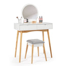 Meerveil Dressing Table, White Color, with Round Mirror and Stool