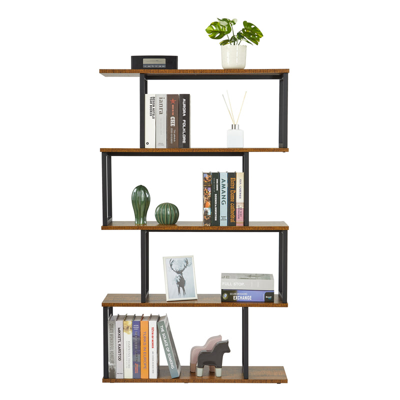 Meerveil Bookcase, Standing Shelf with 4 Levels, Wooden S-Shaped Storage Shelf