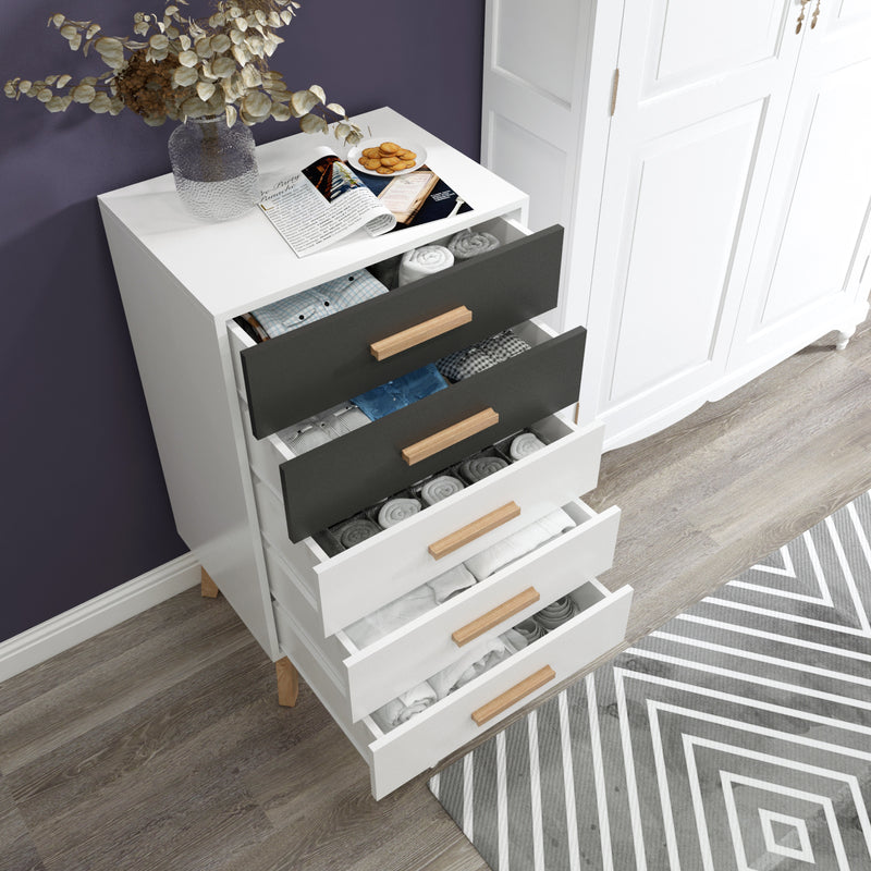 Meerveil Storage Cabinet, White and Grey, Nordic Style, 5 Chest of Drawers, with Solid Wood Legs