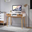 Meerveil Computer Desk, White + Oak, Nordic Style, with 2 Drawers 1 Storage Unit, and Solid Wood Legs