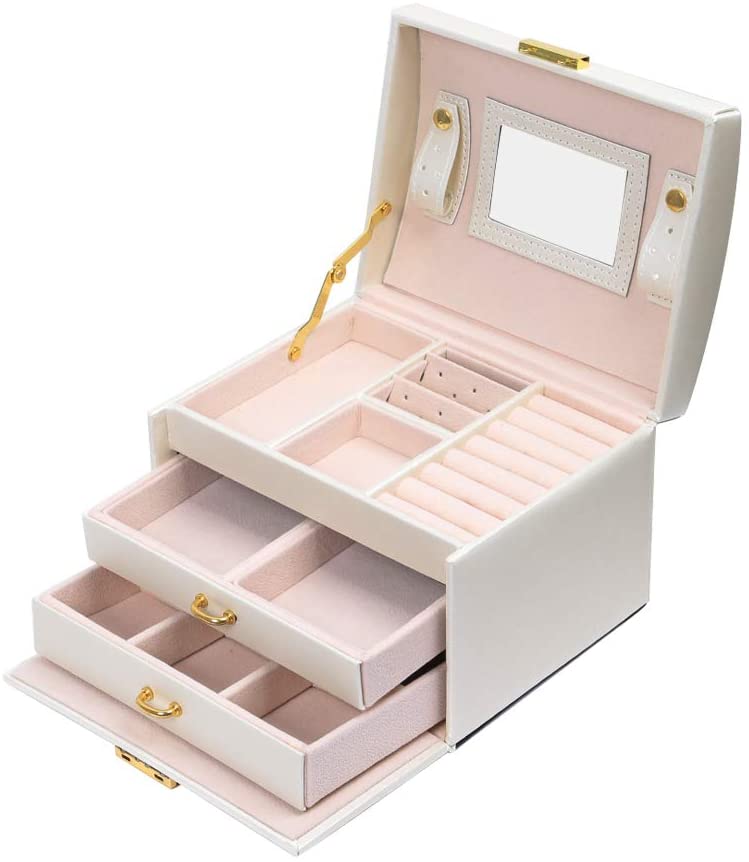 Meerveil Modern Jewellery Box, Black/White/Pink Color, Has Partitions and a Small Mirror