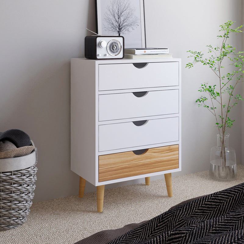 Meerveil Modern Minimalist Style Storage Cabinet, White + Oak Color, 4 Chest of Drawers without Handle, Solid Wood Legs