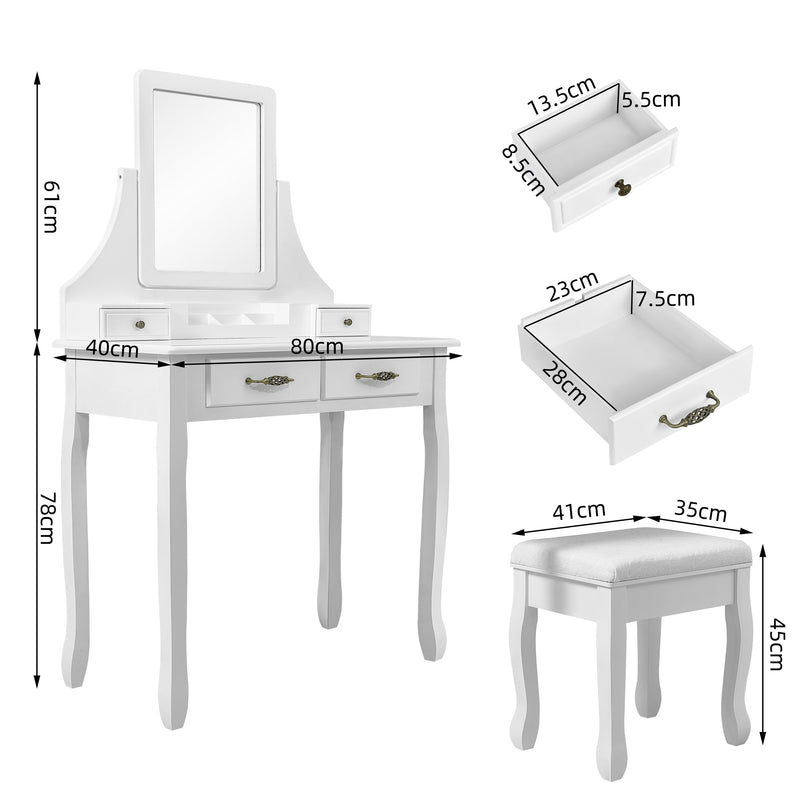 Meerveil Classic Dressing Table, White Color, with a Large Mirror and Stool