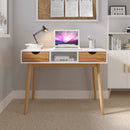 Meerveil Computer Desk, White + Oak, Nordic Style, with 2 Drawers 1 Storage Unit, and Solid Wood Legs
