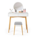 Meerveil Dressing Table, White Color, with Round Mirror and Stool