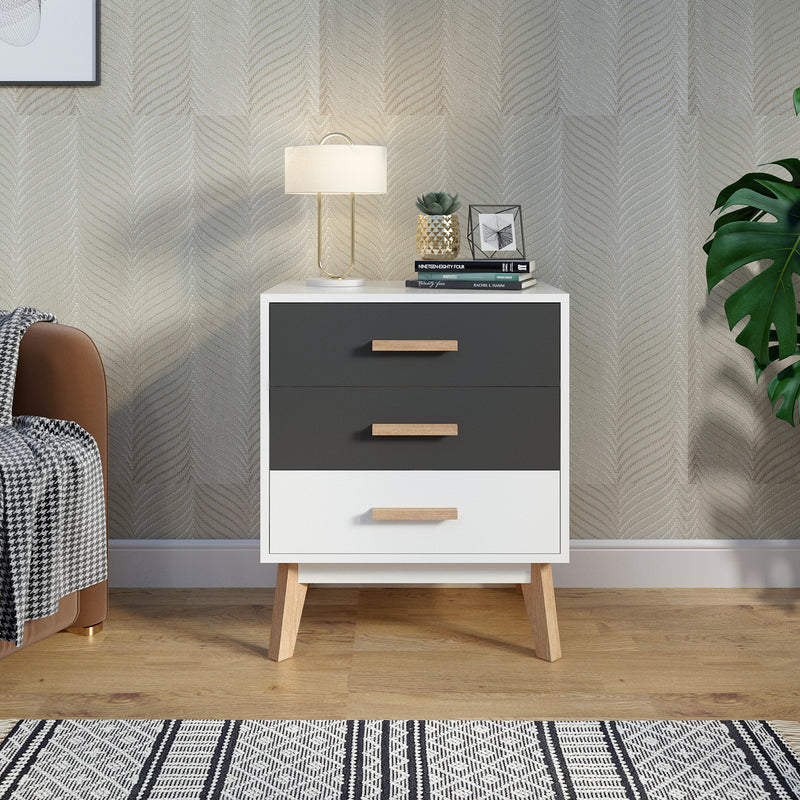 Meerveil Storage Cabinet, White and Grey, Nordic Style, 3 Chest of Drawers, with Solid Wood Legs