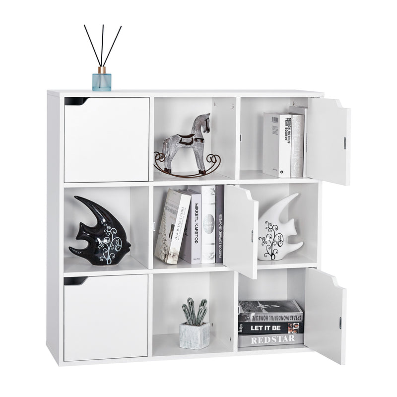 Meerveil Modern Bookcase, White Color, 9 Storage Units and 5 Doors