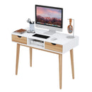 Meerveil Computer Desk, White + Oak, Nordic Style, with 2 Drawers 1 Storage Unit, and Solid Wood Legs