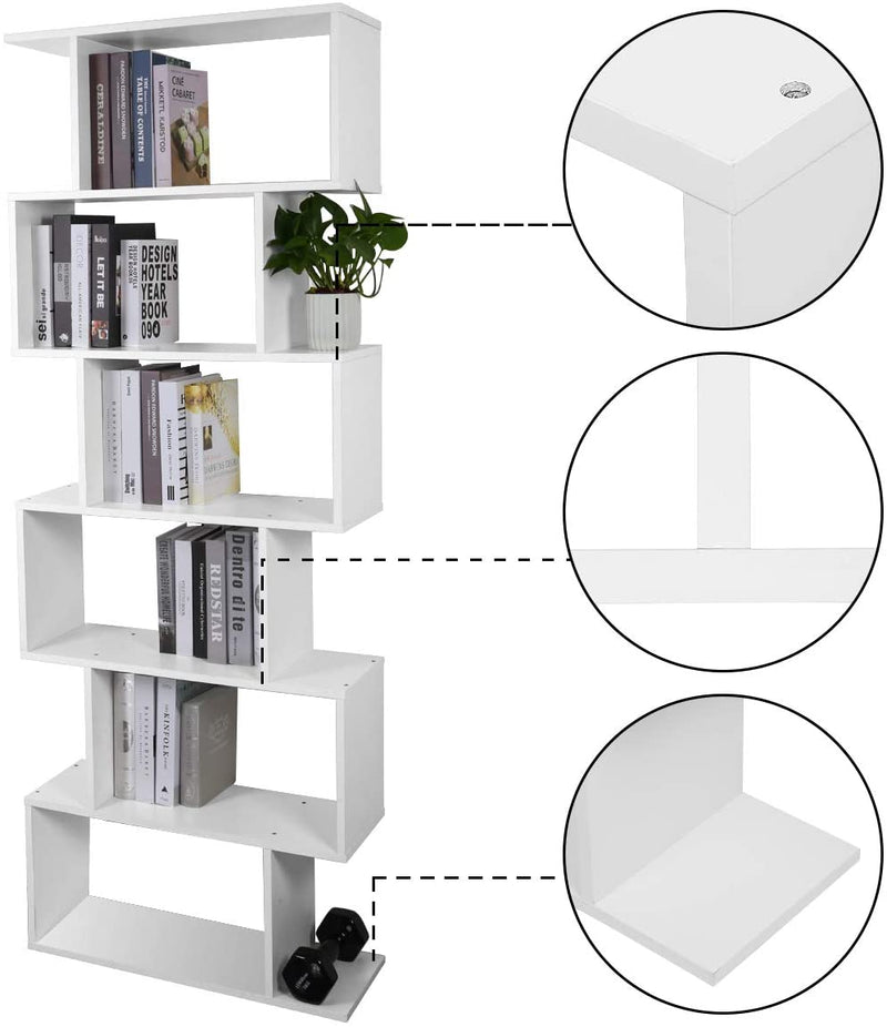 Meerveil Wooden Bookcase, White Color, 6 Tier Tall, Free Standing