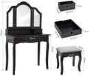Meerveil Classic Dressing Table, Black/White Color, Providing a Large Mirror, Drawers and Printed Stool