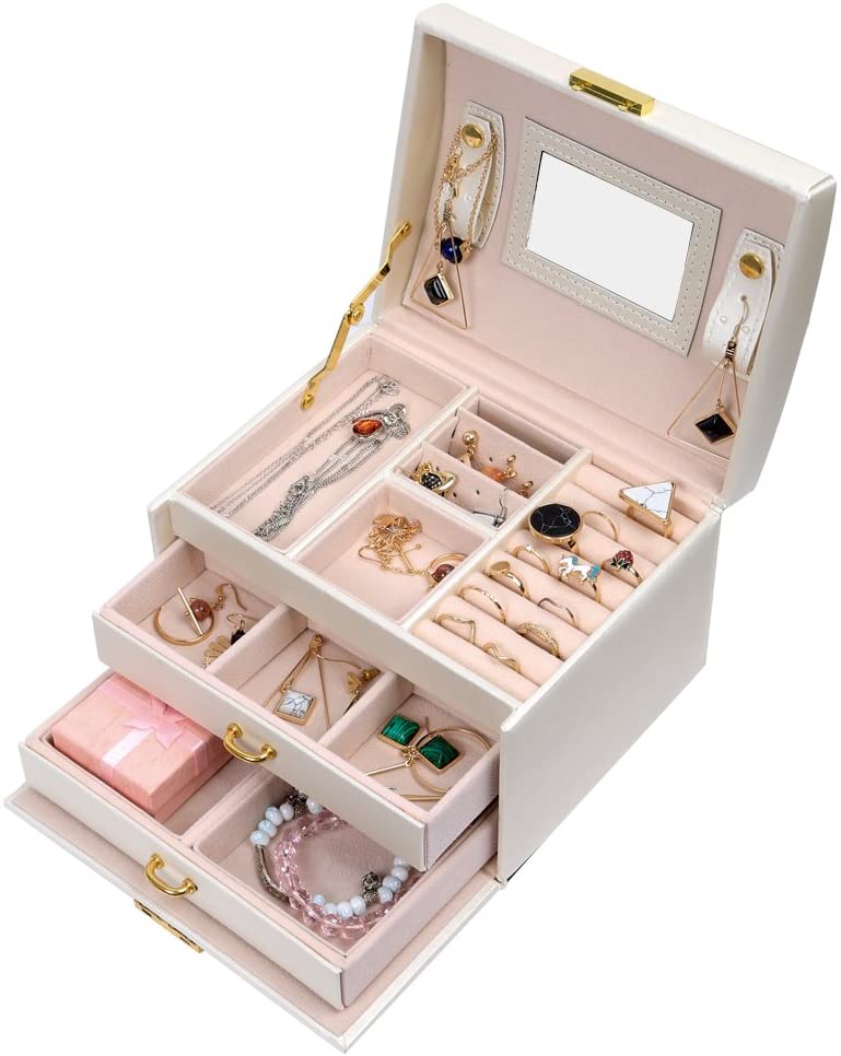 Meerveil Modern Jewellery Box, Black/White/Pink Color, Has Partitions and a Small Mirror