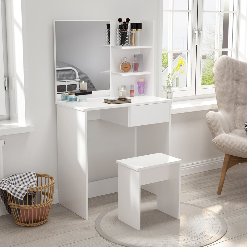 Meerveil Modern Dressing Table Set, White Color, Providing Frameless Mirror and Stool