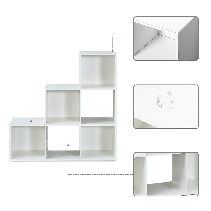Meerveil Storage Unit Wooden Bookcase, 6-Cube Step Style, White Color