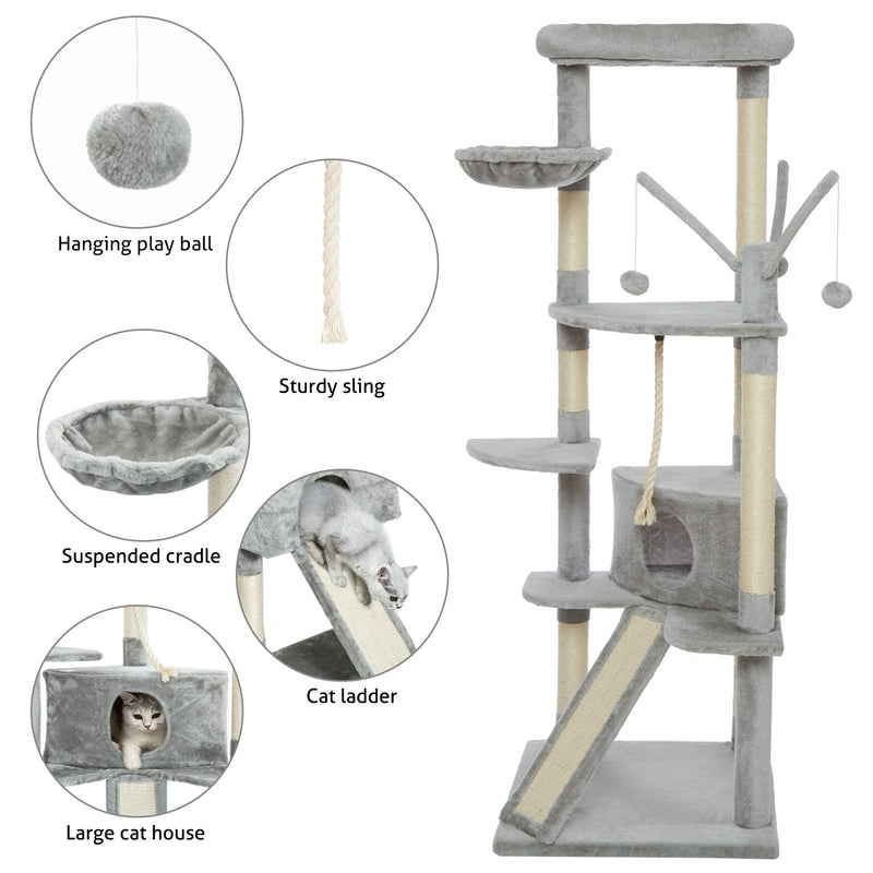 Meerveil Cat Scratching Tree, Light/Dark Grey/Beige Color, Large Size, with Stairs, Berths, Jumping Platforms
