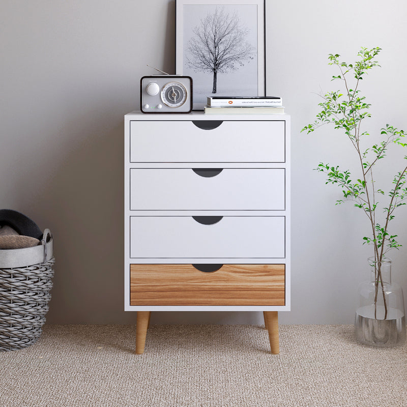 Meerveil Modern Minimalist Style Storage Cabinet, White + Oak Color, 4 Chest of Drawers without Handle, Solid Wood Legs