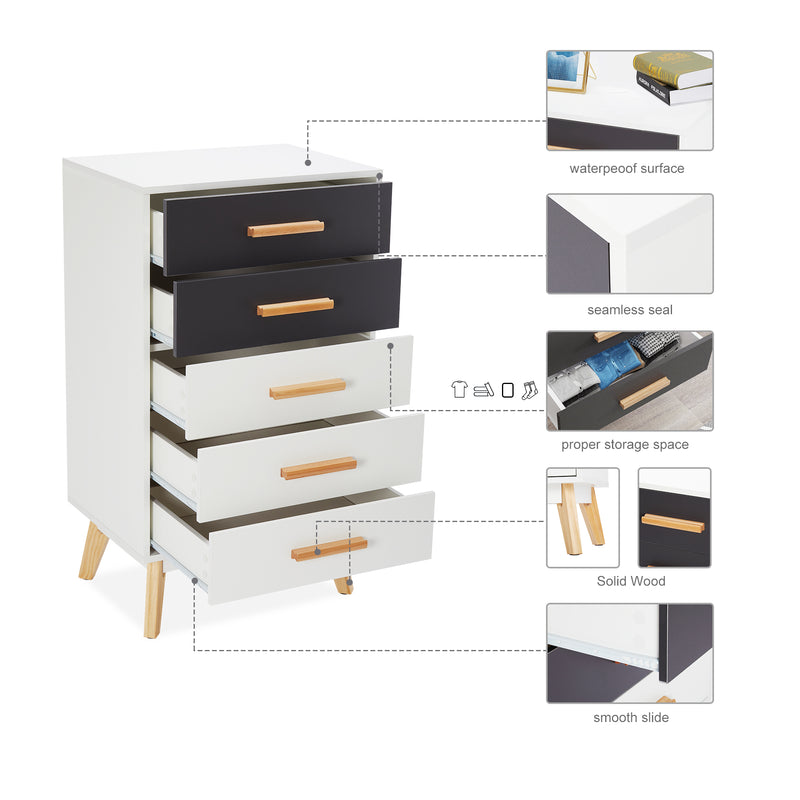 Meerveil Storage Cabinet, White and Grey, Nordic Style, 5 Chest of Drawers, with Solid Wood Legs