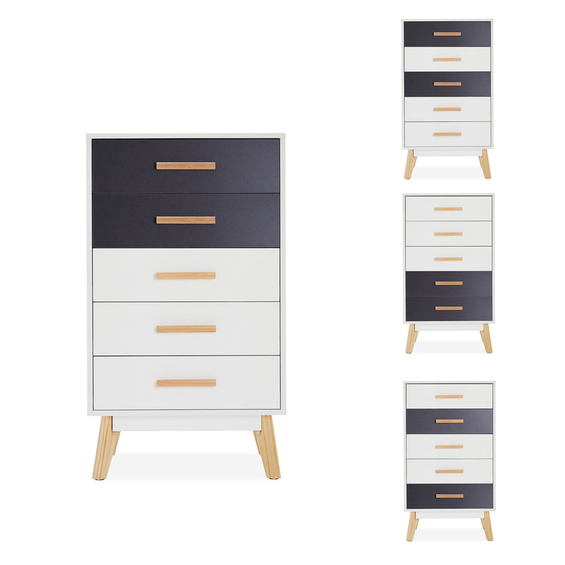 Meerveil Storage Cabinet, White and Grey, Nordic Style, 5 Chest of Drawers, with Solid Wood Legs