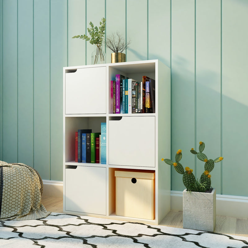 Meerveil Modern Bookcase, White Color, 6 Storage Units and 3 Doors