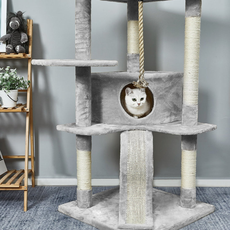 Meerveil Cat Scratching Tree, Light/Dark Grey/Beige Color, Large Size, with Stairs, Berths, Jumping Platforms