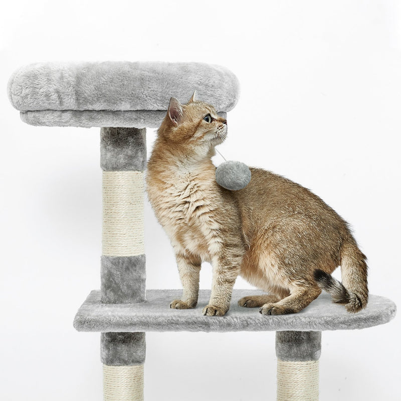 Meerveil Cat Scratching Tree, Light/Dark Grey Color, Middle Size, with a Niche, a Platform and Cat Ball