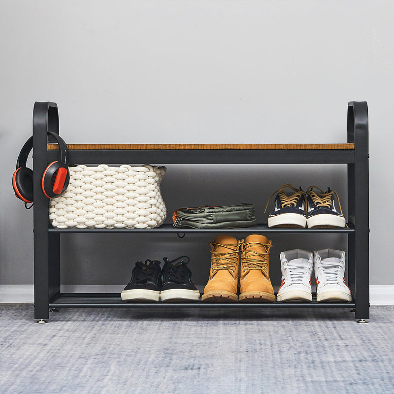 Meerveil Retro Industrial Shoe Bench, Antique / Warm Grey Wood Grain Color, Multi-layer Design