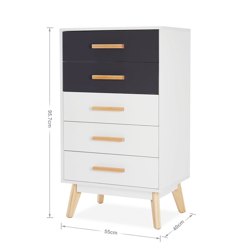 Meerveil Storage Cabinet, White and Grey, Nordic Style, 5 Chest of Drawers, with Solid Wood Legs