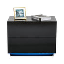 Meerveil LED Bedside Cabinet, Black Color, with 2 Drawers, High Gloss with USB Light