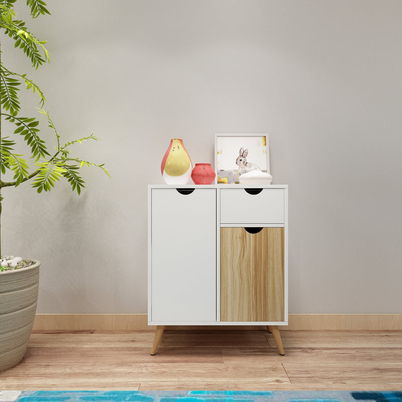 Meerveil Modern Storage Cabinet, White and Oak Color Matching, 2 Doors and Single Drawer
