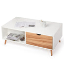 Meerveil Modern Style Coffee Table, White Color, with 2 Drawers, Solid Wood Legs