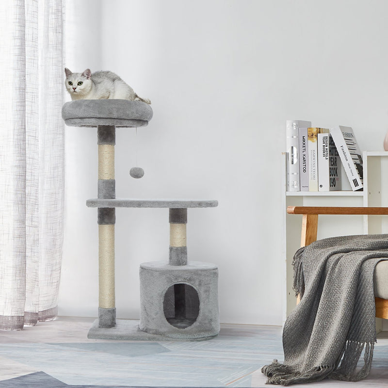 Meerveil Cat Scratching Tree, Light/Dark Grey Color, Middle Size, with a Niche, a Platform and Cat Ball