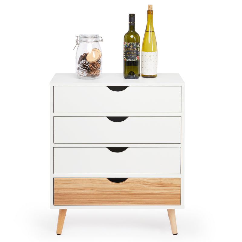 Meerveil Modern Minimalist Style Storage Cabinet, White + Oak Color, 4 Chest of Drawers without Handle, Solid Wood Legs