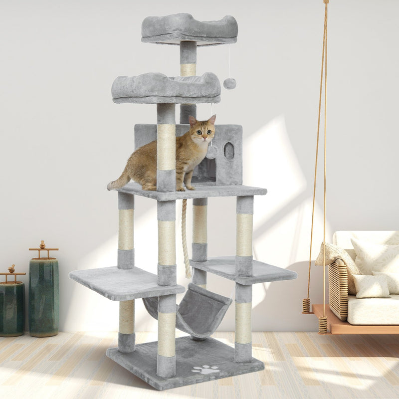 Meerveil Cat Scratching Tree, Light/Dark Grey/Beige Color, Middle Size, with Looking Platforms and Hammock