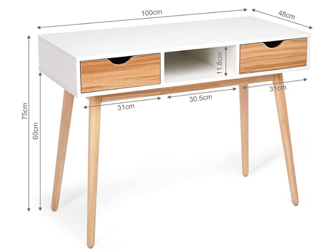 Meerveil Computer Desk, White + Oak, Nordic Style, with 2 Drawers 1 Storage Unit, and Solid Wood Legs