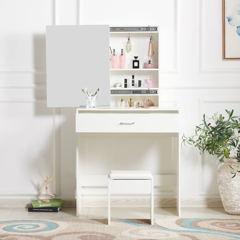 Meerveil Stylish Dressing Table, White Color, with Sliding Door, Mirror and Stool