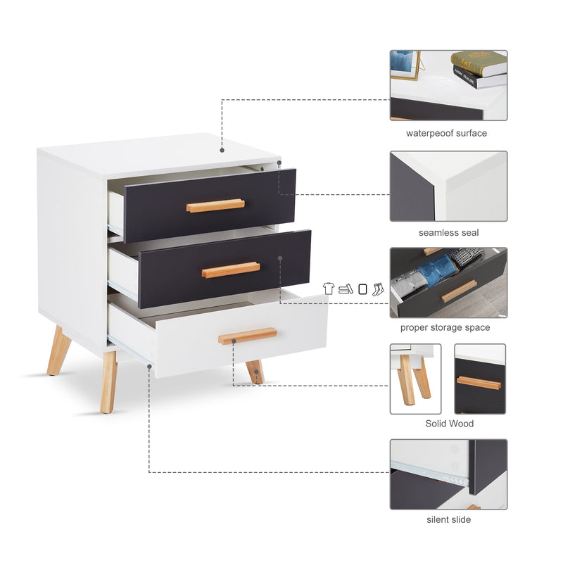 Meerveil Storage Cabinet, White and Grey, Nordic Style, 3 Chest of Drawers, with Solid Wood Legs