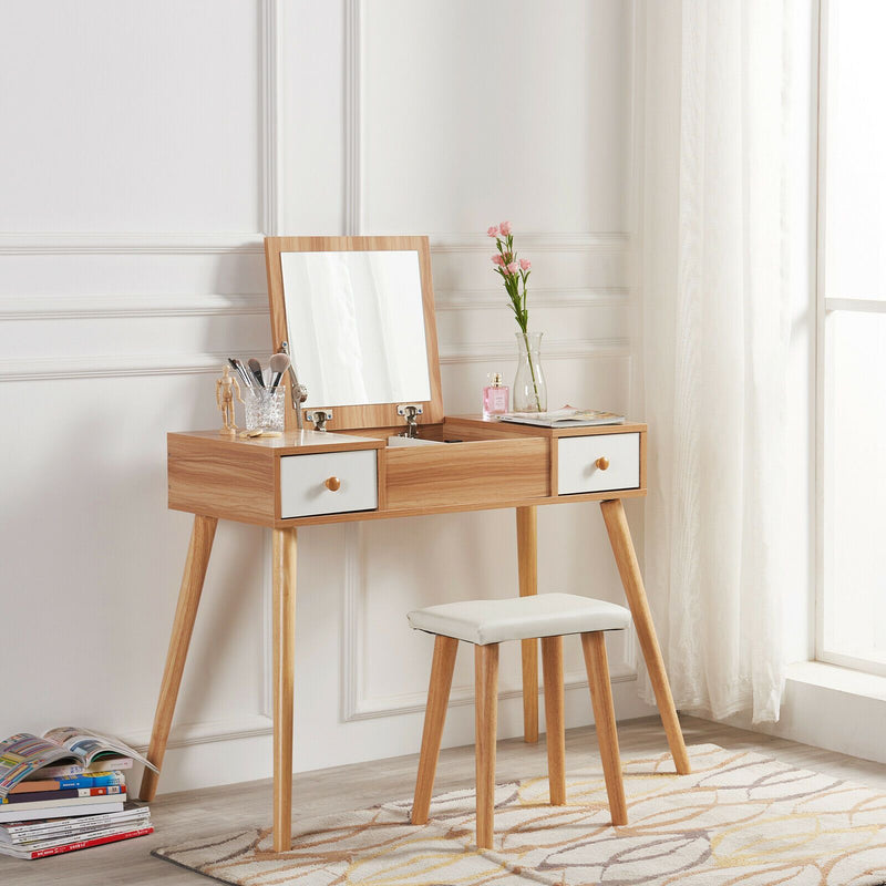 Meerveil Wooden Dressing Table, Oak&White Color, with Square Mirror and Stool