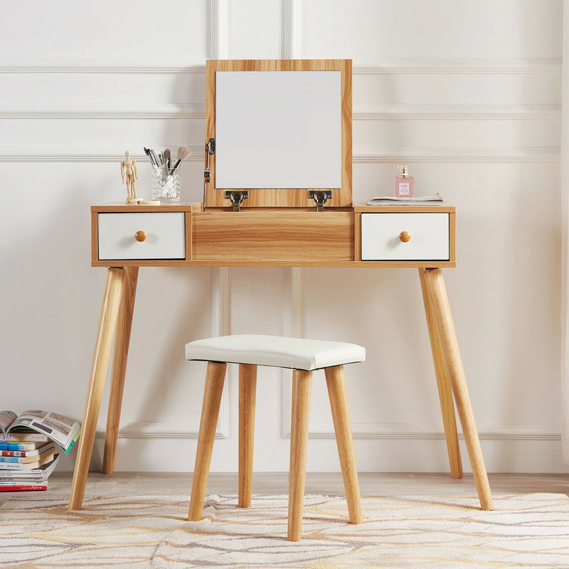 Meerveil Wooden Dressing Table, Oak&White Color, with Square Mirror and Stool