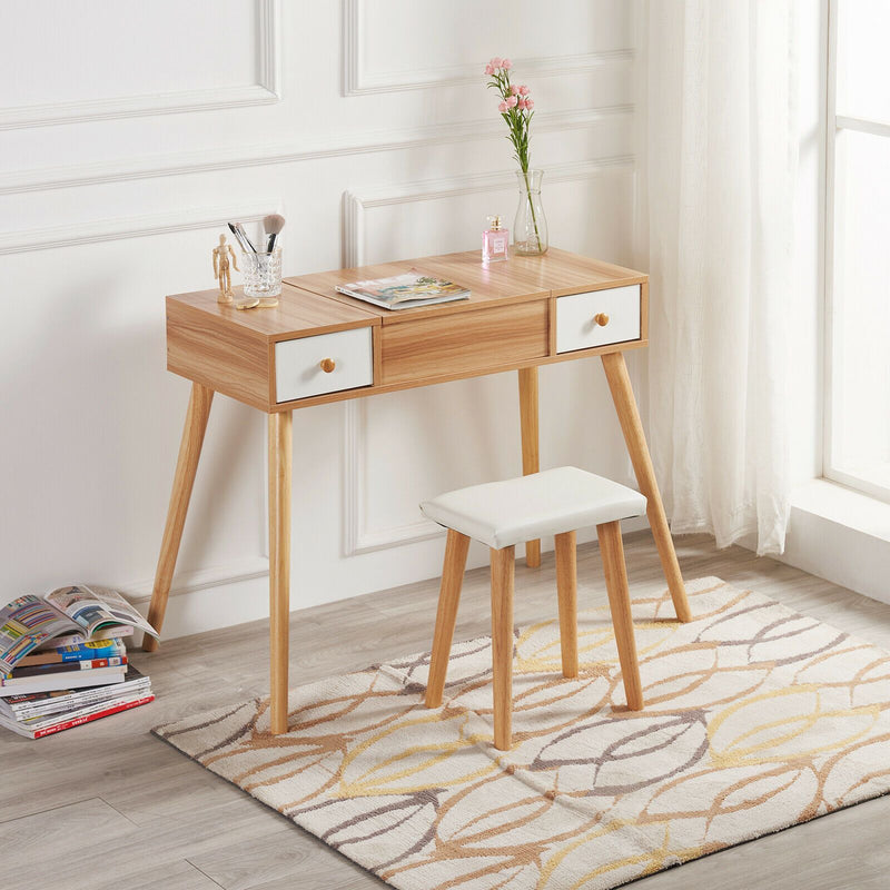 Meerveil Wooden Dressing Table, Oak&White Color, with Square Mirror and Stool