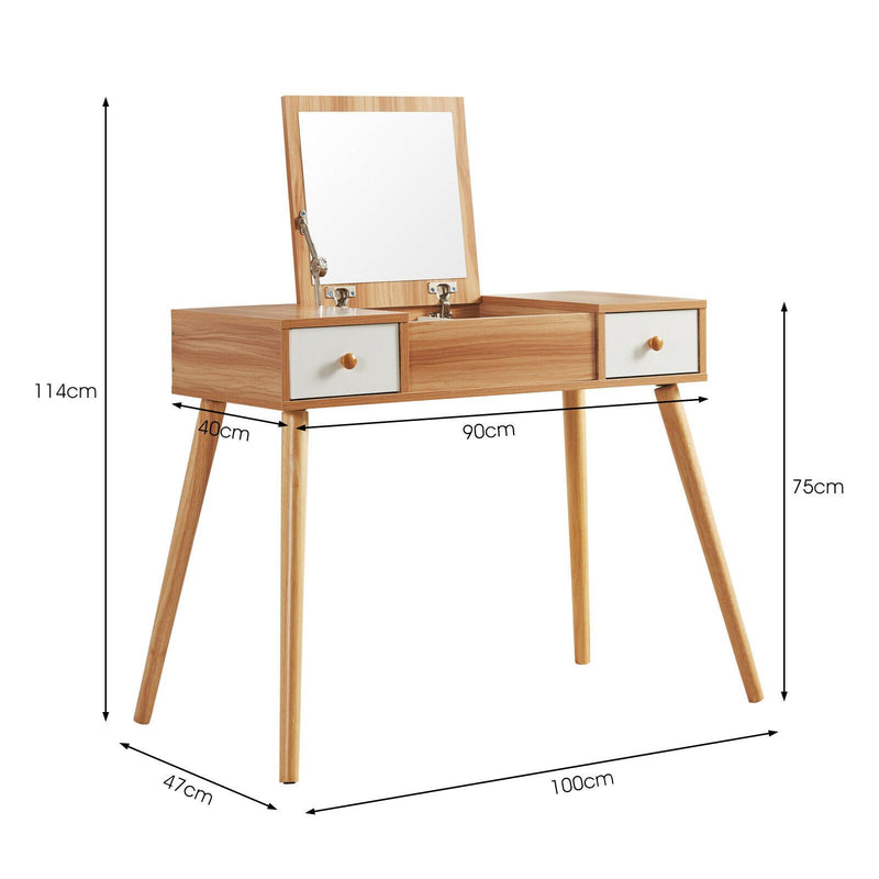 Meerveil Wooden Dressing Table, Oak&White Color, with Square Mirror and Stool