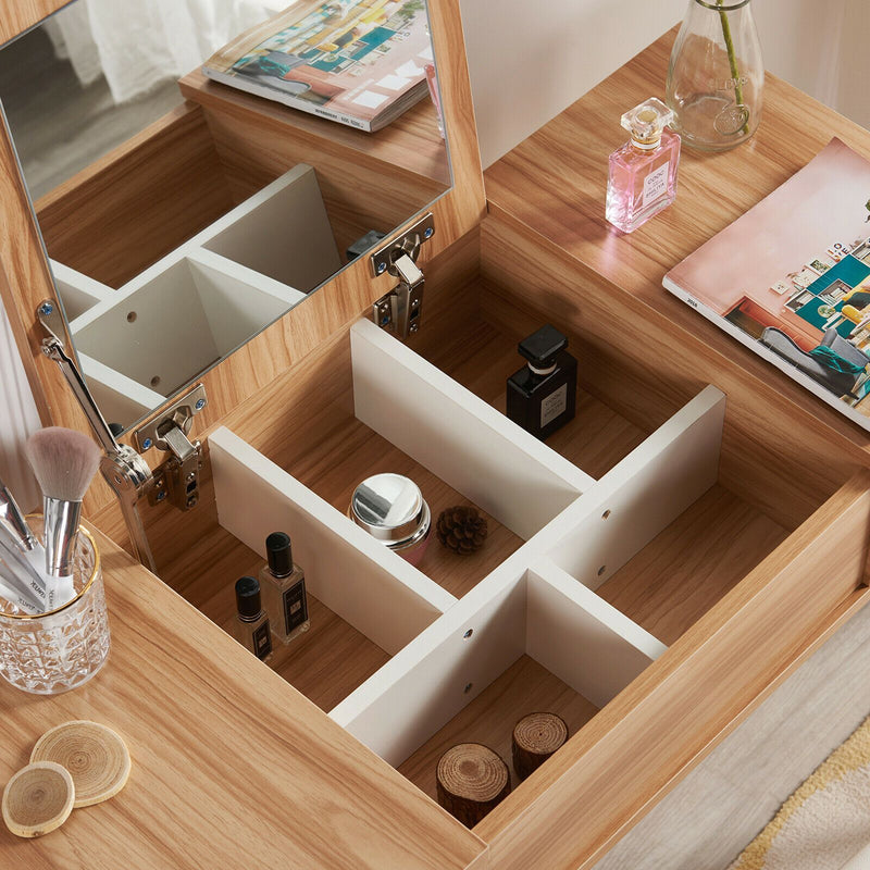 Meerveil Wooden Dressing Table, Oak&White Color, with Square Mirror and Stool