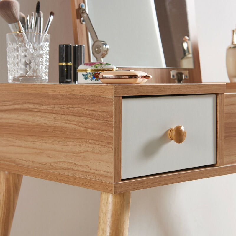 Meerveil Wooden Dressing Table, Oak&White Color, with Square Mirror and Stool